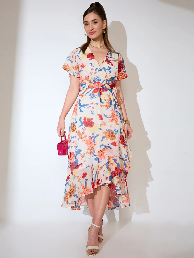 Women Floral Print Wrap Neck Flared Sleeves Tie-Up Ruffled Tulip Hem A-Line Midi Dress