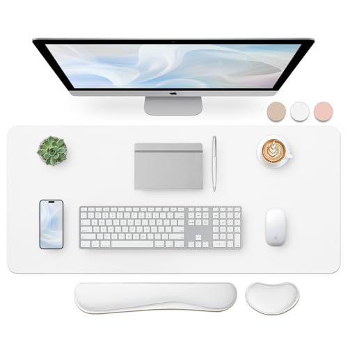 Bloss Leather Desk Pad and Keyboard Wrist Rest, Large Mouse Pad + Keyboard Pad+Mouse Wrist Support, Non-Slip Desk Mat Protector for Office, Home (35.4×15.7 Inches,White) - Image 1