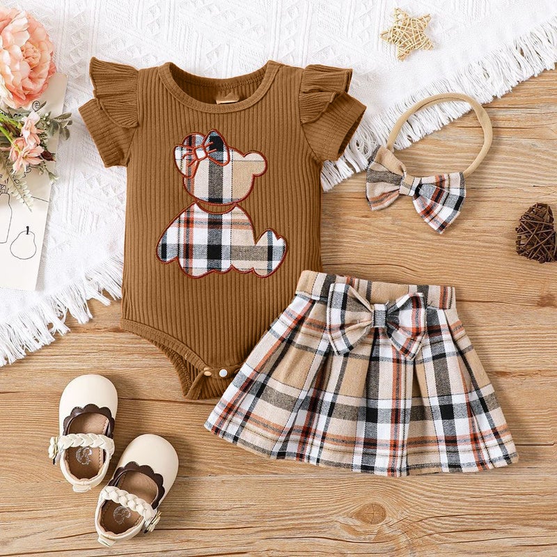 Cross-border INS newborn baby bag fart triangle khayi baby girl plaid skirt summer bear two-piece suit Brown 