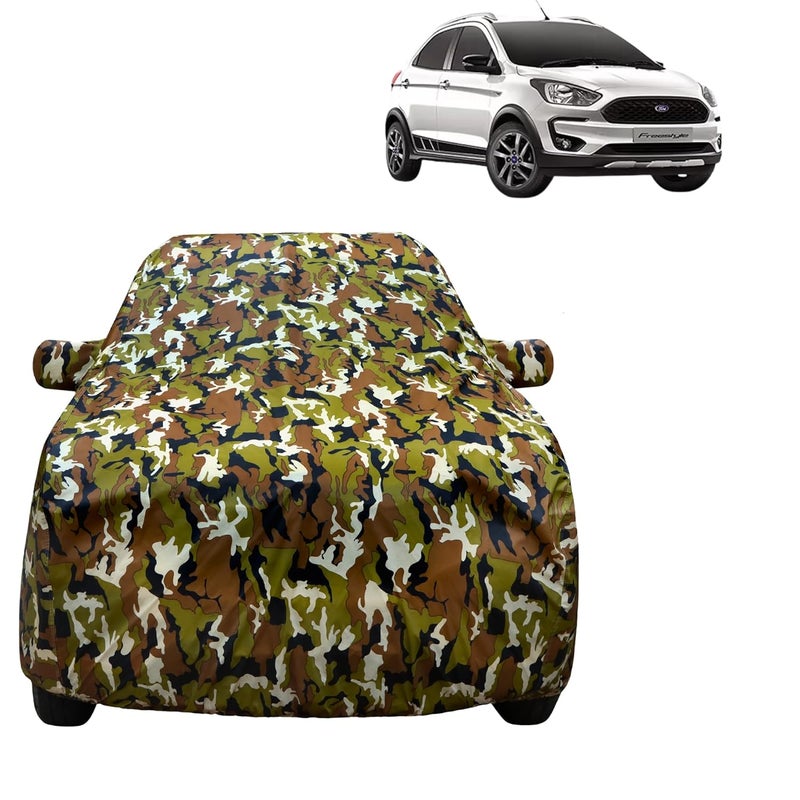 VYAS 100% Waterproof Car Body Cover for Ford Free Style (2018-2022) with Mirror Pocket Triple Stitched Belt & Buckle Fitting Dual Elastic, Durable Material Jungle Print Camouflage Design - Image 1