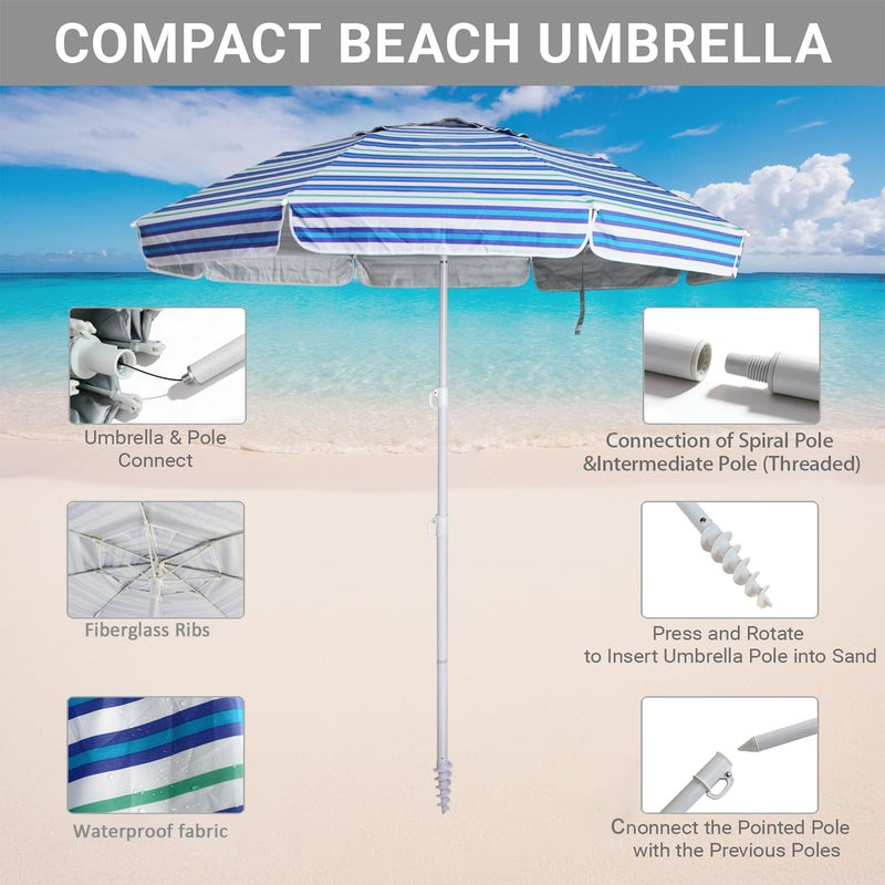 LOTTAFUN 6.5ft Beach Umbrella - Heavy Duty Wind Resistant UV 50+ Portable Sun Shade with Sand Anchor & Carry Bag, Outdoor Folding Umbrella for Beach, Pool, Patio, Garden (Blue diagonal strip) - Image 2