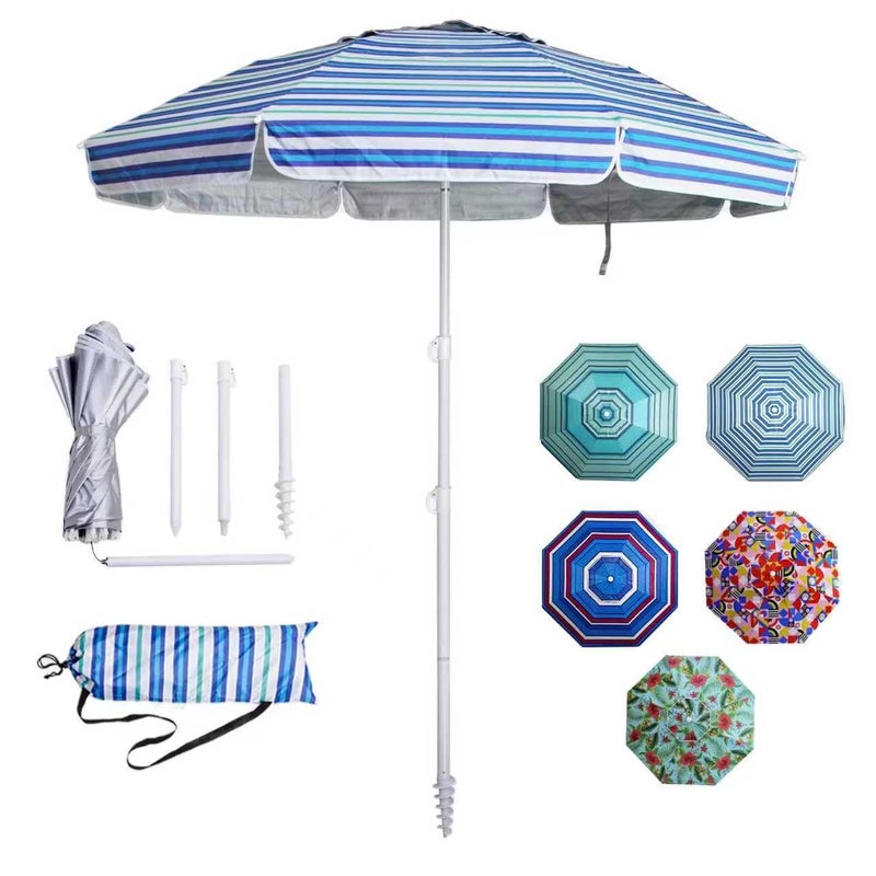 LOTTAFUN 6.5ft Beach Umbrella - Heavy Duty Wind Resistant UV 50+ Portable Sun Shade with Sand Anchor & Carry Bag, Outdoor Folding Umbrella for Beach, Pool, Patio, Garden (Blue diagonal strip) - Image 1