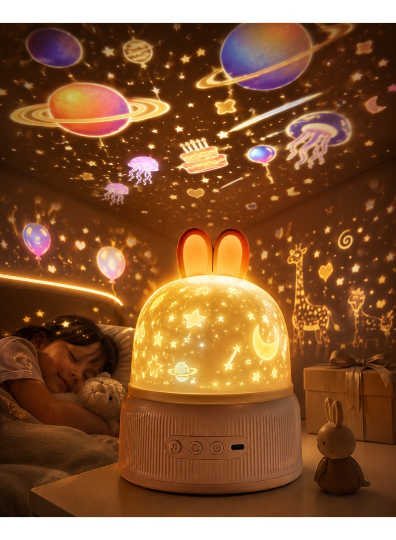TANMASHI Cute Bunny Bedside Lamp with Remote & 9 Soothing Melodies, 8 Themes Rotating Galaxy Table Lamp for Bedroom Decor, Dimmable LED Lamp & Night Light, Modern Bedside Lamp & Versatile Table Light - Image 1