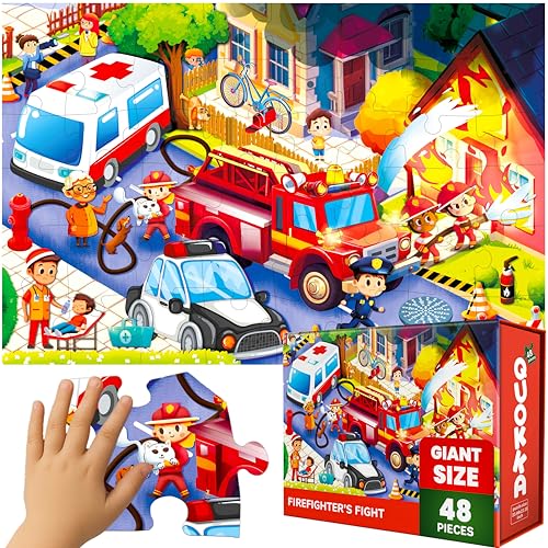QUOKKA Giant Floor Puzzle for Kids Ages 46 2x3 Feet ExtraThick 48 Pieces Toddler Puzzle Ages 35 Firetrucks Educational Activity for Boys Girls Premium Box with Sturdy Handle Magnetic - Image 1