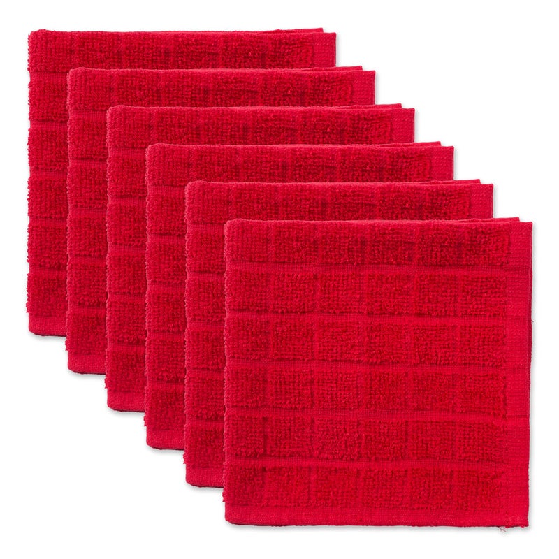 DII Basic Terry Collection Solid Windowpane Dishcloth Set 12x12 Red 6 Piece