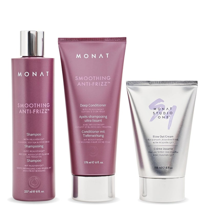 MONAT Smoothing Anti Frizz Shampoo, Deep Intensive Treatment & Blow Out Cream - Frizzy Hair Care Pack - Vegan, Natural, Heat Damage Protection, Strengthens Hair - 3 Products