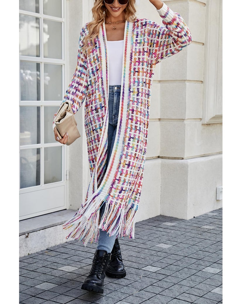 Perbai Womens Boho Cardigan Sweater Open Front Fringed Tassels Aztec Maxi Cardigan Jacket(Rosered-M) - Image 4