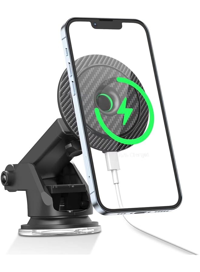 GREEN LION Carbon Fiber Magnetic Wireless Car Charger 15W - Black - Image 1