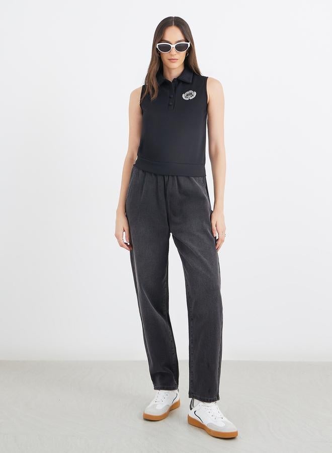 Styli Embroidered Sleeveless Knit Polo Neck Top - Image 2