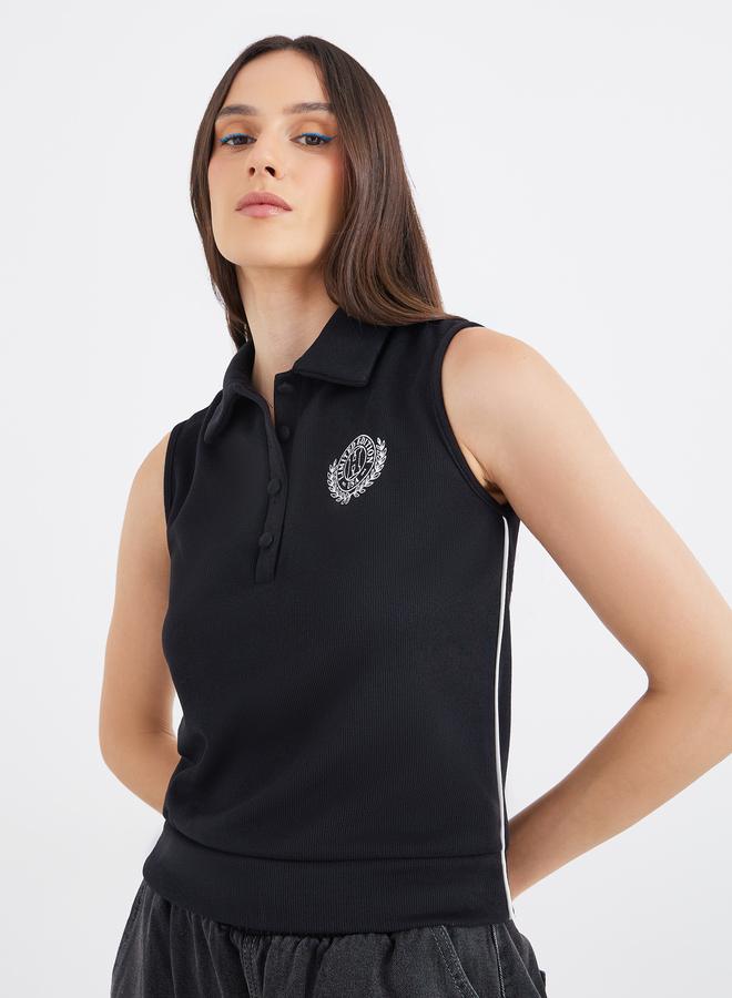 Styli Embroidered Sleeveless Knit Polo Neck Top - Image 1