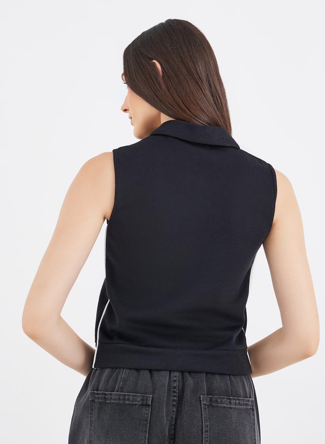 Styli Embroidered Sleeveless Knit Polo Neck Top - Image 5