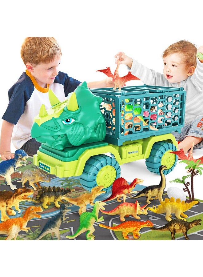 HONGID Dinosaur Truck Toys for Kids 3-5, Triceratops Car Toy with 15 Dino Figures,Large Activity Play Mat, Dinosaur Eggs, Dinosaur Play Set for Boys and Girls,Christmas Xmax,Stocking Stuffers - Image 1