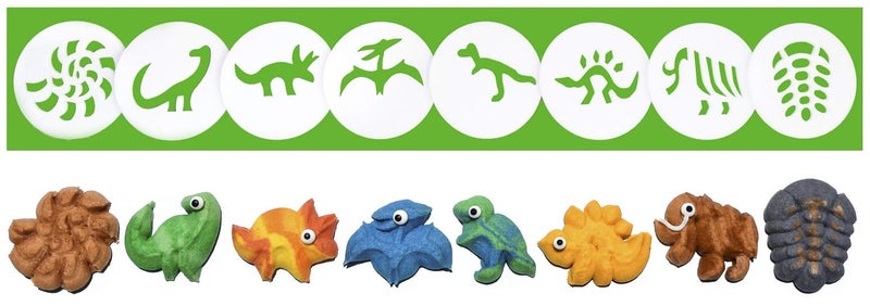 Impress! cookie press disks Impress Cookie Press Disks  Dinosaurs  Fossils Set of 8 Food Safe Plastic Shapes wTrilobite TRex  More Fits Many Manual Models  See Disk Sizing Image to ensure fit with your press