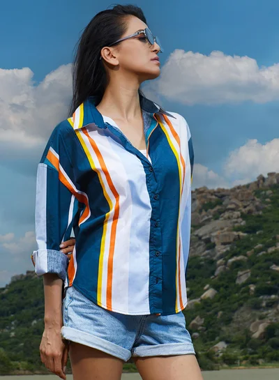 Campus Sutra Women's Navy Blue Barcode Striped Shirt