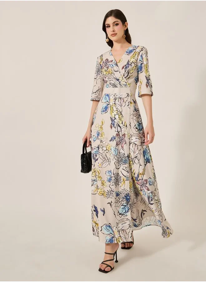 Styli Floral Print Wrap Look A-Line Maxi Dress