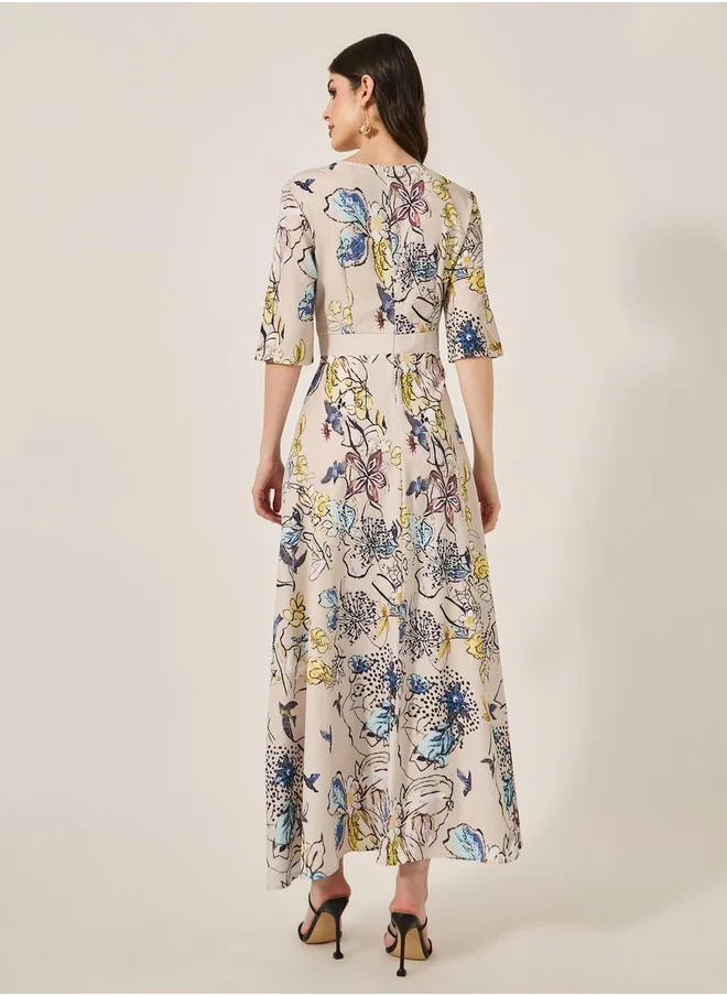 Styli Floral Print Wrap Look A-Line Maxi Dress