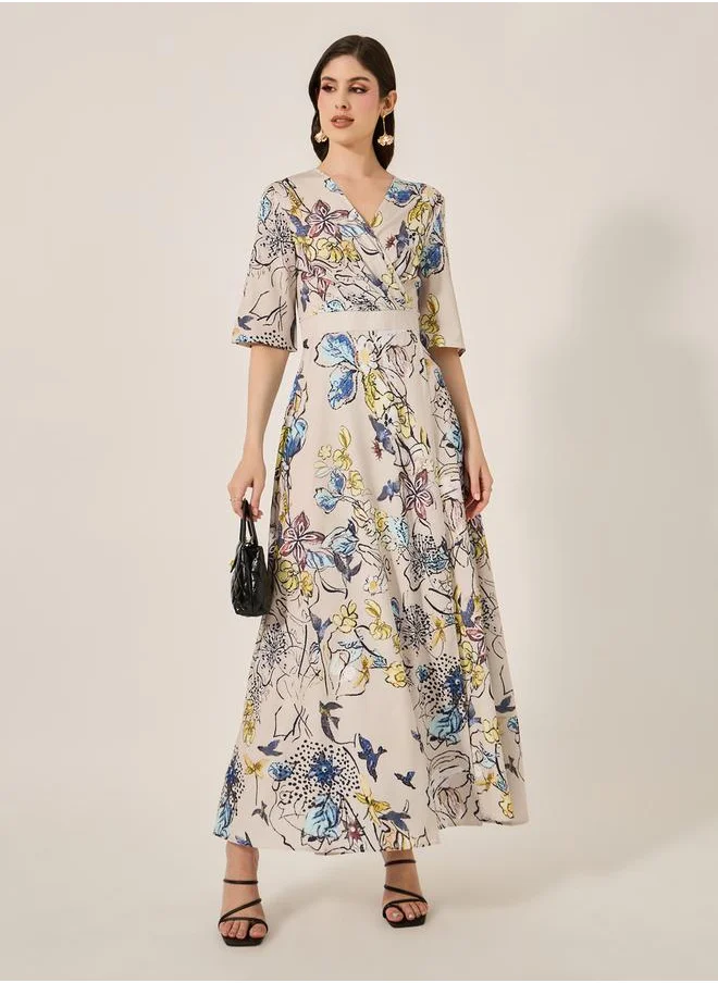 Styli Floral Print Wrap Look A-Line Maxi Dress