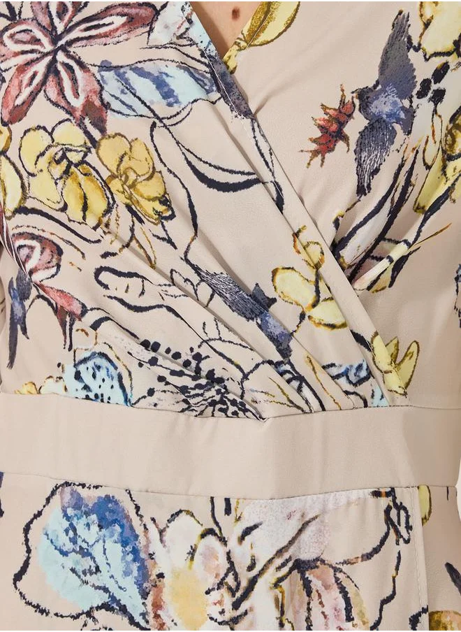 Styli Floral Print Wrap Look A-Line Maxi Dress