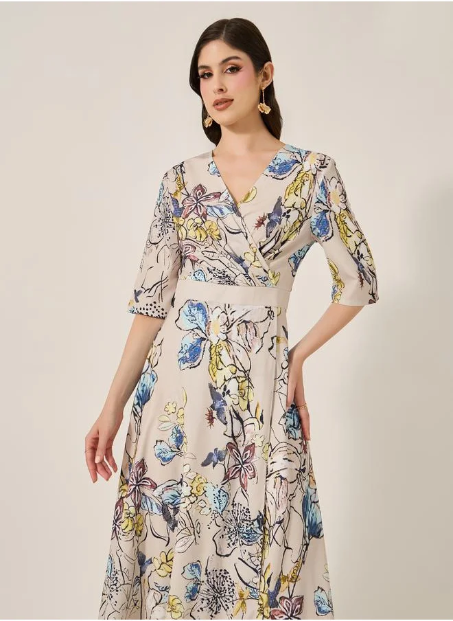 Styli Floral Print Wrap Look A-Line Maxi Dress