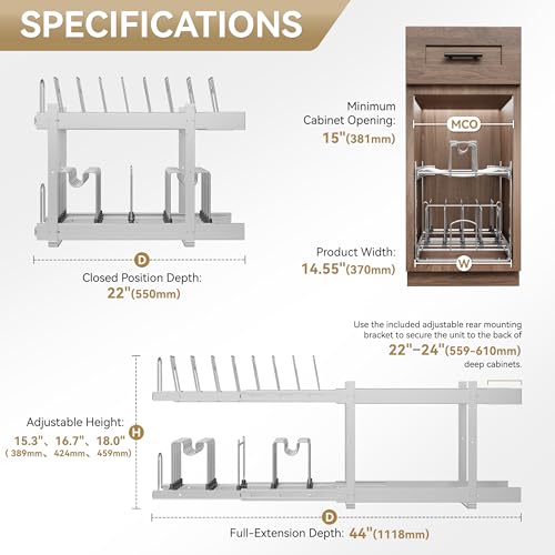 STORKING 2-Tier Kitchen Pull out Cabinet Organizer for Pots, Pans, and Lid Cookware, Adjustable Heavy Duty Wire Pan and Pot Rack, Full-Extension Rail 15" W *22" D - Image 2