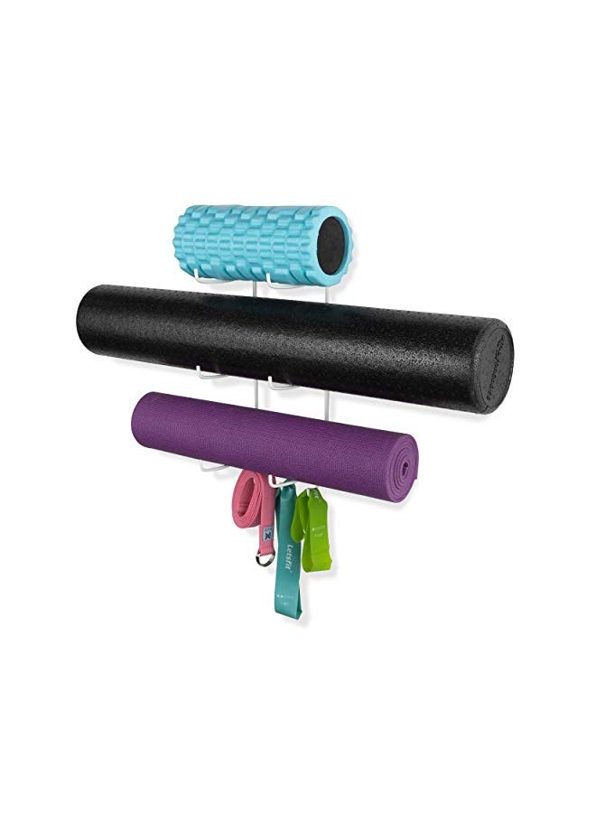 Wallniture Wallniture Guru Wall Mount Yoga Mat Home Gym Equipment Resistance Bands and Foam Roller Holder with 3 Hooks 3 Sectional Metal White  - Image 1