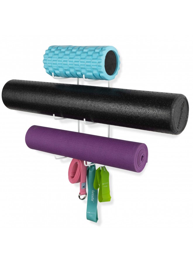 Wallniture Wallniture Guru Wall Mount Yoga Mat Home Gym Equipment Resistance Bands and Foam Roller Holder with 3 Hooks 3 Sectional Metal White  - Image 2