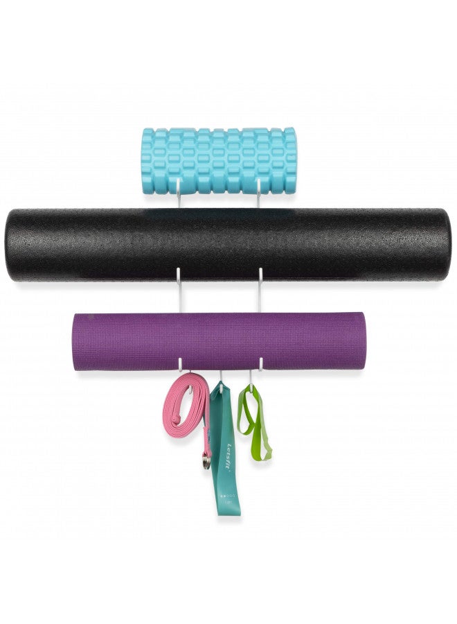 Wallniture Wallniture Guru Wall Mount Yoga Mat Home Gym Equipment Resistance Bands and Foam Roller Holder with 3 Hooks 3 Sectional Metal White  - Image 4