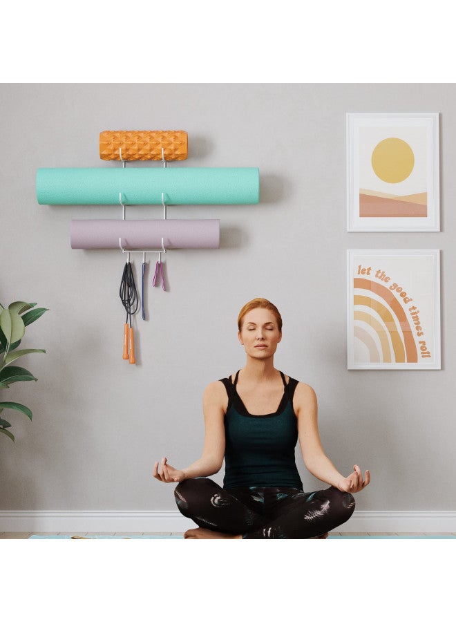 Wallniture Wallniture Guru Wall Mount Yoga Mat Home Gym Equipment Resistance Bands and Foam Roller Holder with 3 Hooks 3 Sectional Metal White  - Image 3