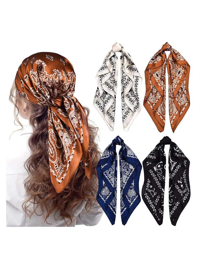 Zikra Silk Feeling Satin Headband Scarves, 4 Pieces 27 Inch Bandana Boho Head Scarves for Women Girls, Fashion Trend Cool Scarf Neck Hair Head Scarf Bundle Bandana Gifts (Classic Pattern) - Image 1