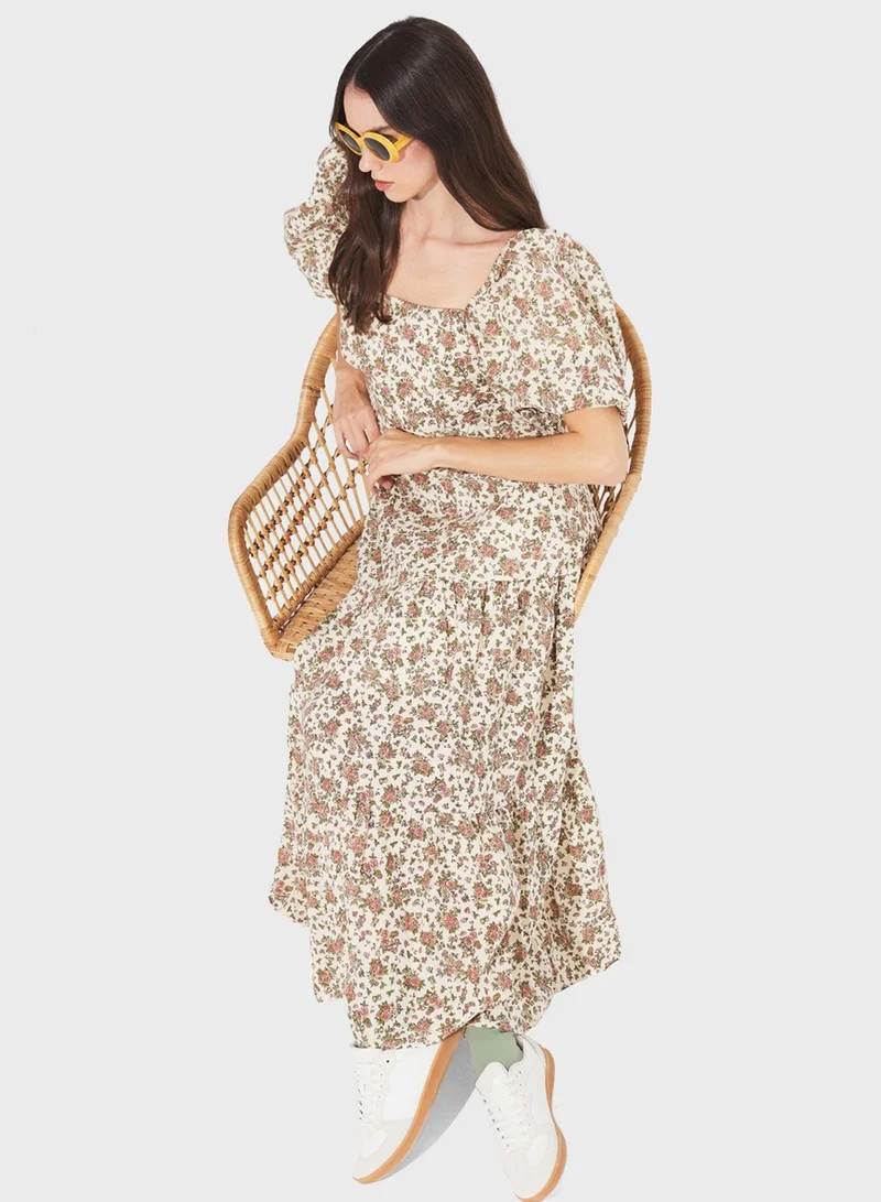 JUNE Floral Puff-Sleeve Dress