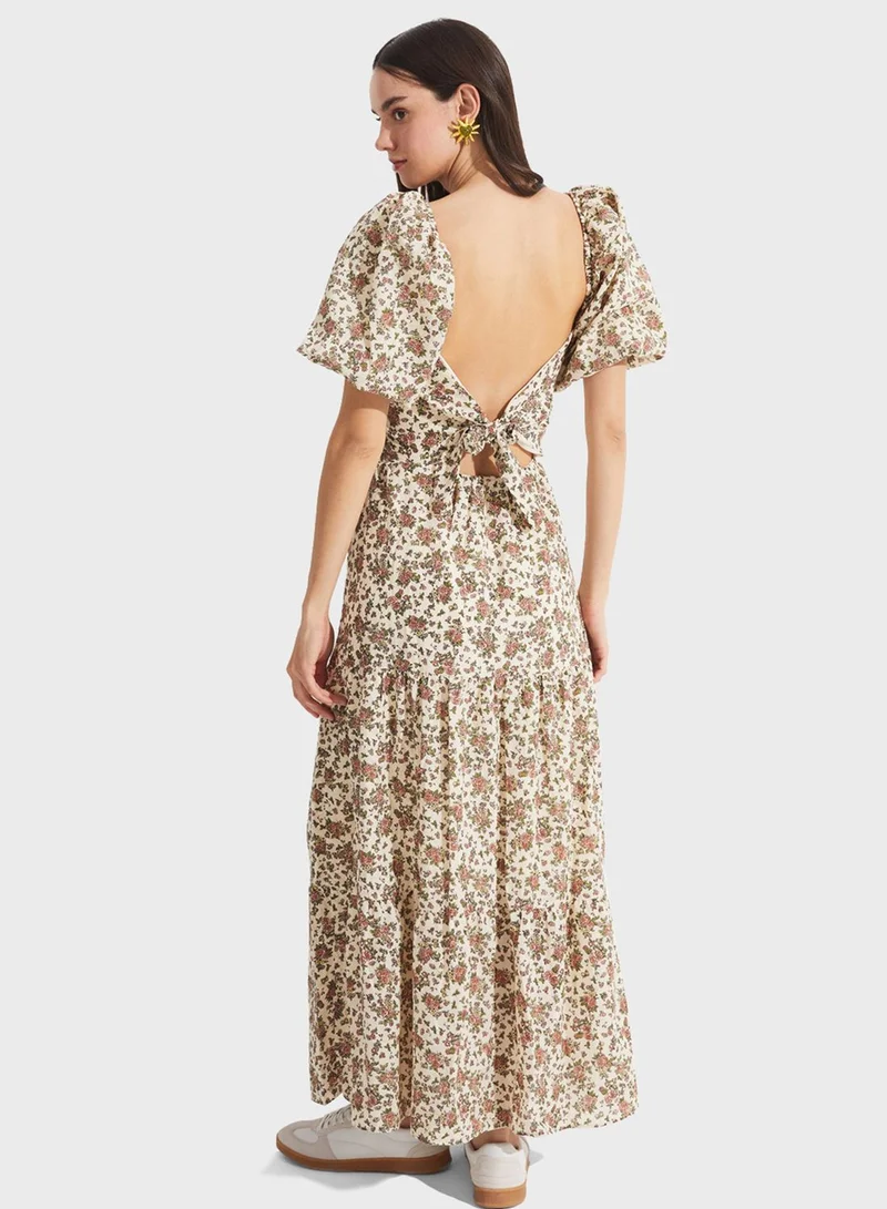 JUNE Floral Puff-Sleeve Dress