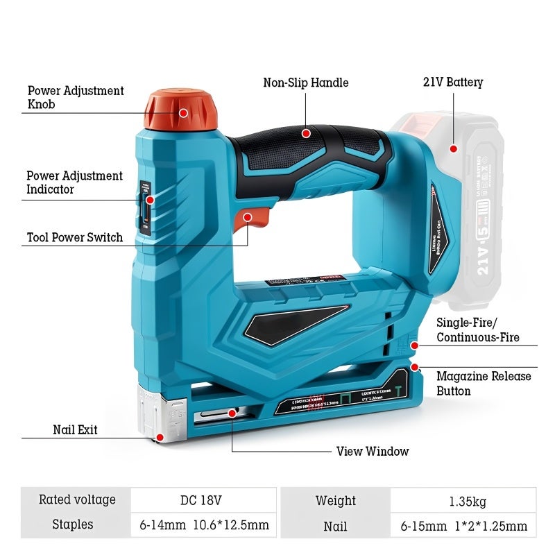 Cordless Brad Nailer 21V Electric Nail Gun Kit with 2000 Pieces 2-in-1 Design - Tool-Free Depth Adjustment Upholstery Tacker Gun for Woodworking DIY Home Repair - Image 2