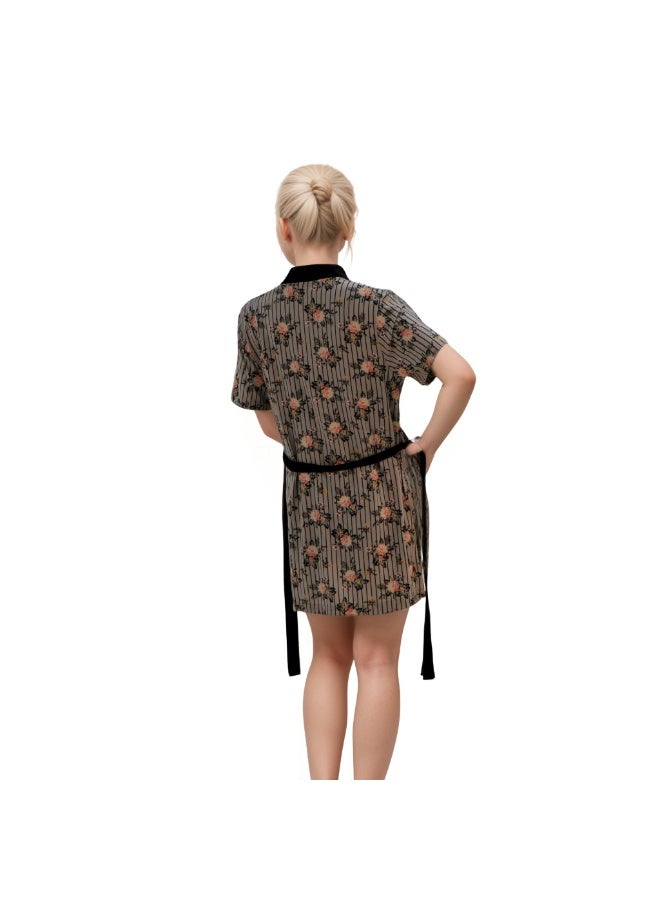 جوانا طقم نوم نسائي يضم روب بنصف كم وتوب حمالات وبنطال، مع حزام خصر قابل للإزالة - بني/أسود - Image 3