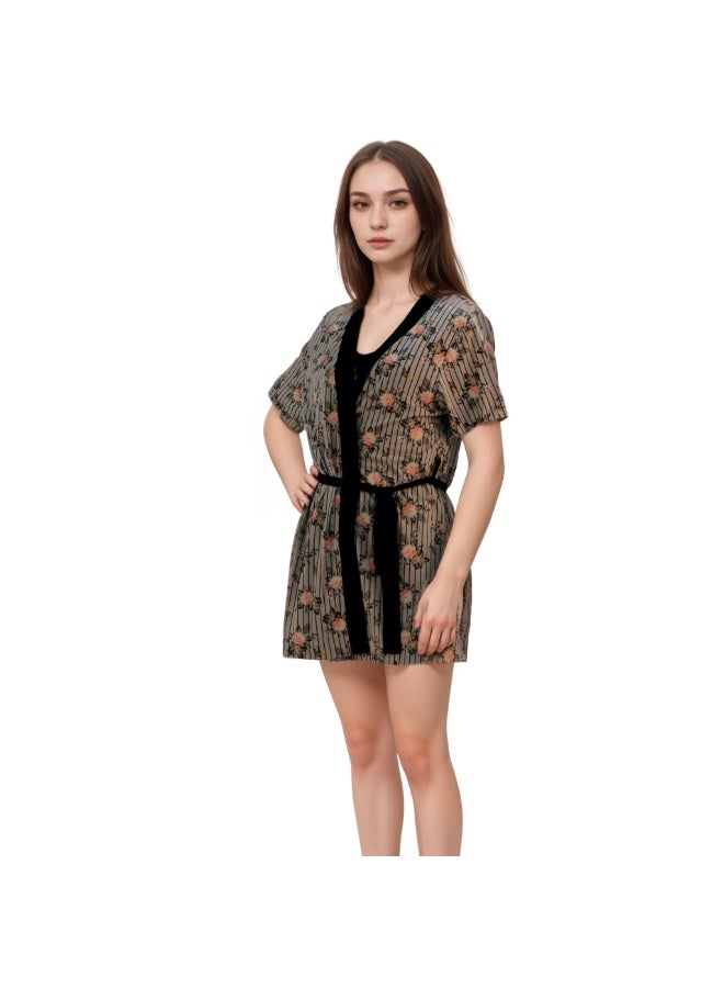 جوانا طقم نوم نسائي يضم روب بنصف كم وتوب حمالات وبنطال، مع حزام خصر قابل للإزالة - بني/أسود - Image 2