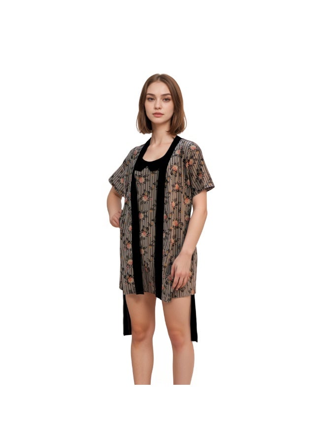 جوانا طقم نوم نسائي يضم روب بنصف كم وتوب حمالات وبنطال، مع حزام خصر قابل للإزالة - بني/أسود - Image 1