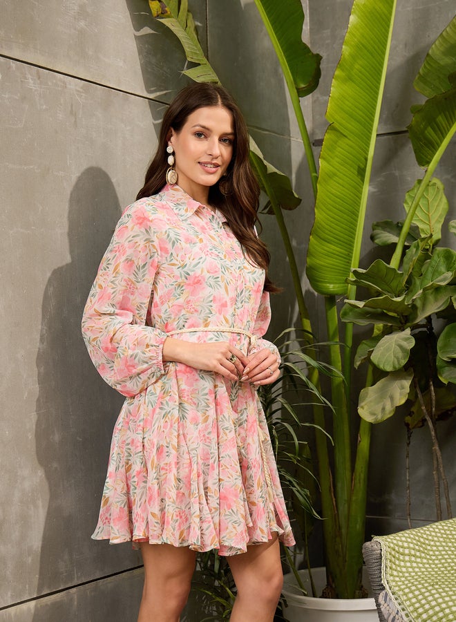 Sassafras Peach Ditsy Print Tiered Mini Dress - Image 3