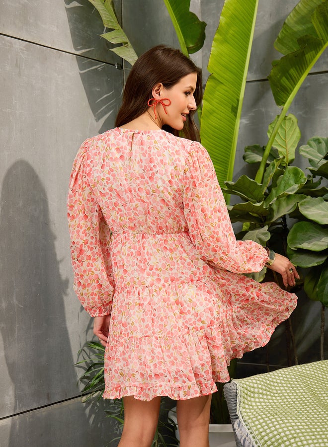 Sassafras Peach Ditsy Print Tiered Mini Dress - Image 5