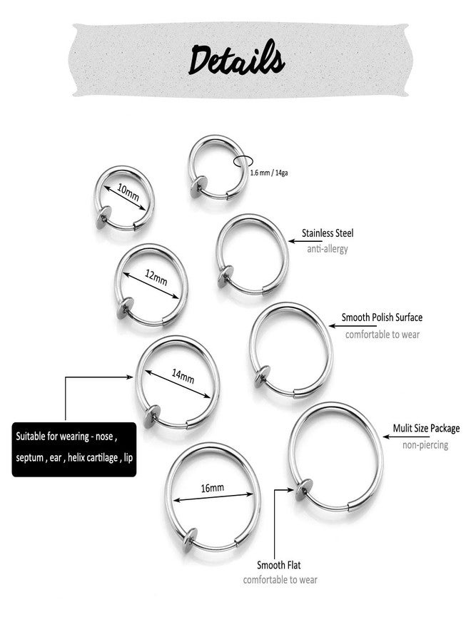 PiercingJ 4Pairs Stainless Steel Hoop Earrings, 14G Fake Nose/Lip/Septum Rings, Spring Hoop, Clip On, Faux Body Piercing Jewelry, 10-16mm - Image 3