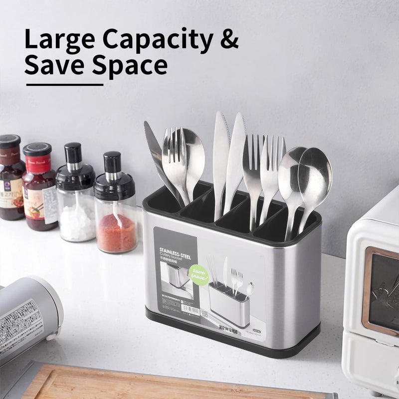 Kitchen Utensil Holder, Large Stainless Steel Flatware Organizer with 4 Divided Compartments for Countertop, Modern Utensil Caddy for Spoons, Forks, and Spatulas Kitchen Tool Crock - Image 4