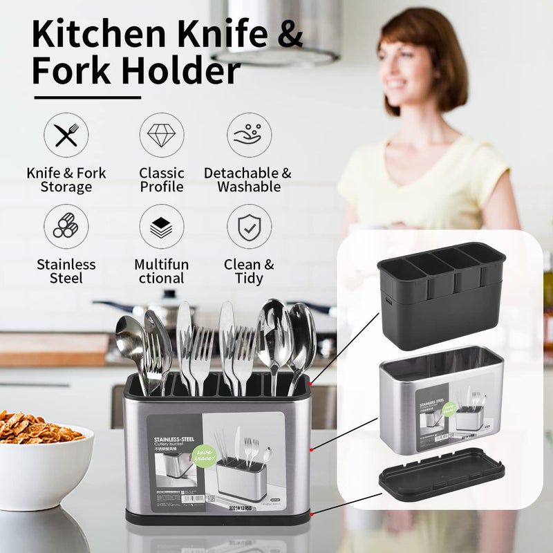Kitchen Utensil Holder, Large Stainless Steel Flatware Organizer with 4 Divided Compartments for Countertop, Modern Utensil Caddy for Spoons, Forks, and Spatulas Kitchen Tool Crock - Image 3