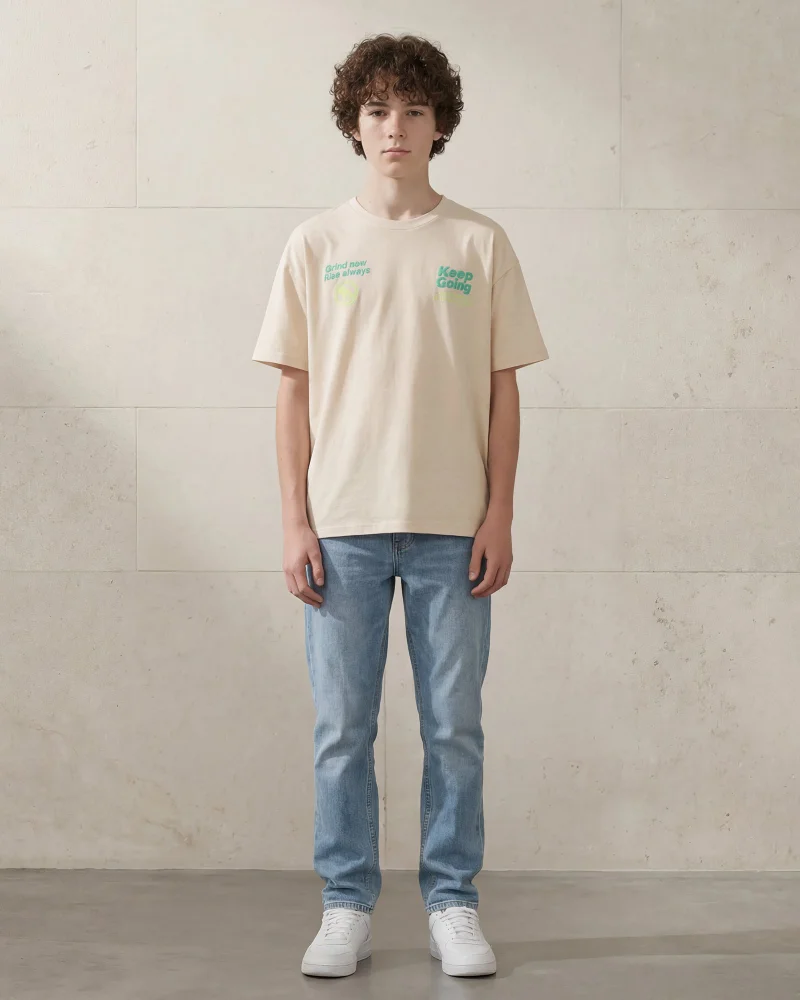 Redtag Senior Boys Beige Keep Going Shoe Over Size T-Shirt