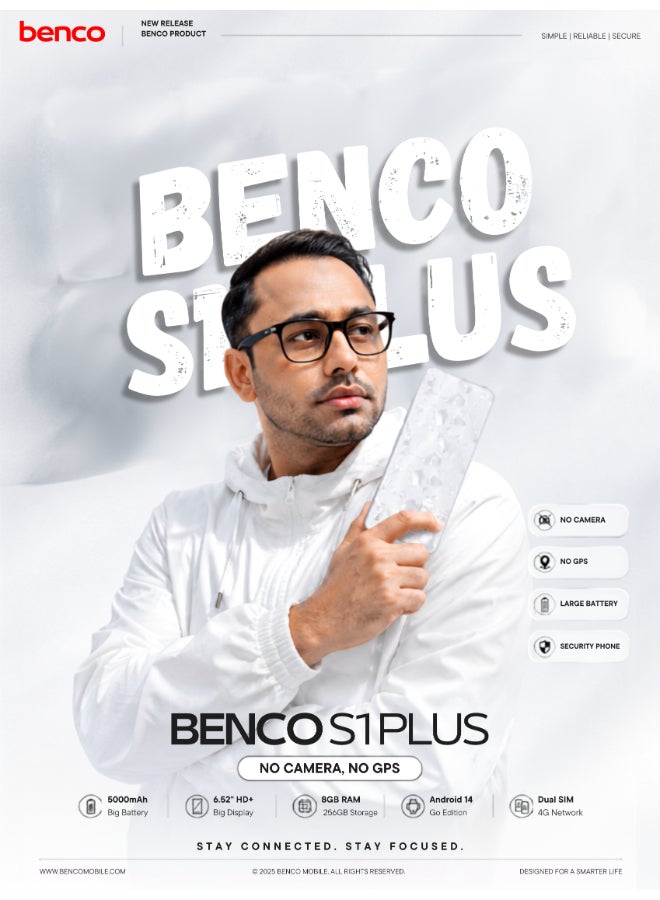 benco S1 Plus Dual SIM Moon White 8+8GB RAM 256GB 4G LTE No Camera and No GPS - Middle East Version - Image 4