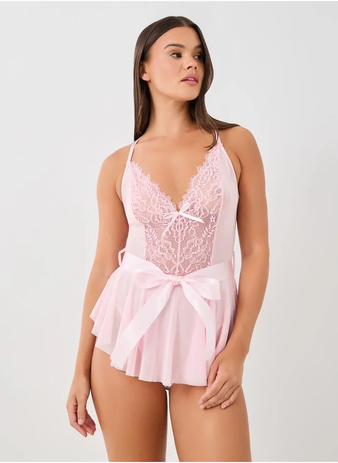 ستايلي Styli Lace Panel Bow Detail Bodysuit with Skirt Overlay
