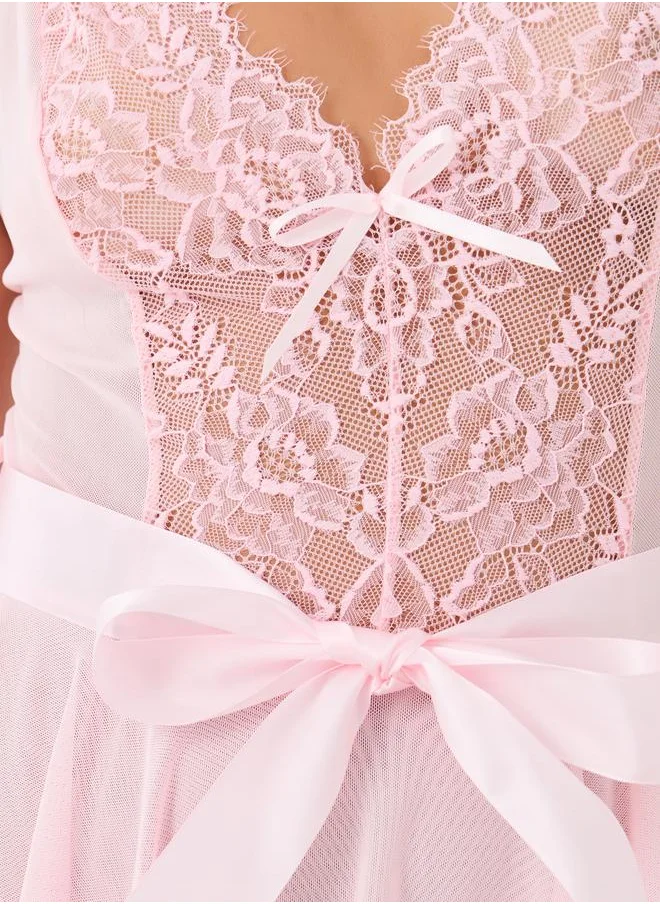 Styli Styli Lace Panel Bow Detail Bodysuit with Skirt Overlay