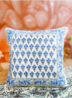OJARIYA Premium Organic Cotton Quilted Blue Breeze Hand Block Printed Non-Allergenic Cushion Cover 40x40 cm  - Image 3