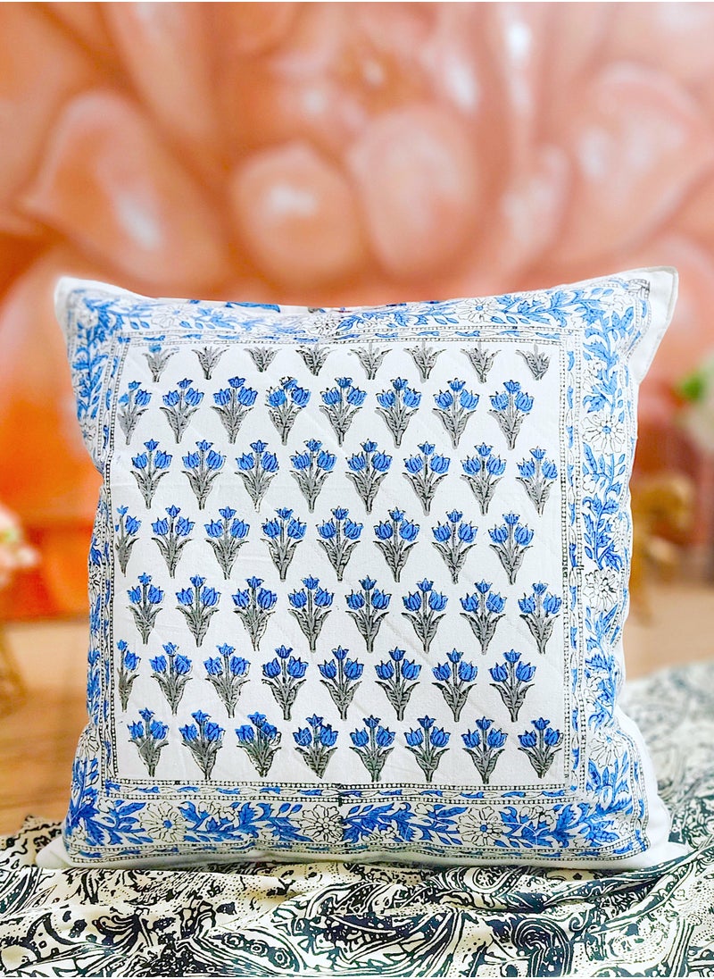 OJARIYA Premium Organic Cotton Quilted Blue Breeze Hand Block Printed Non-Allergenic Cushion Cover 40x40 cm  - Image 3