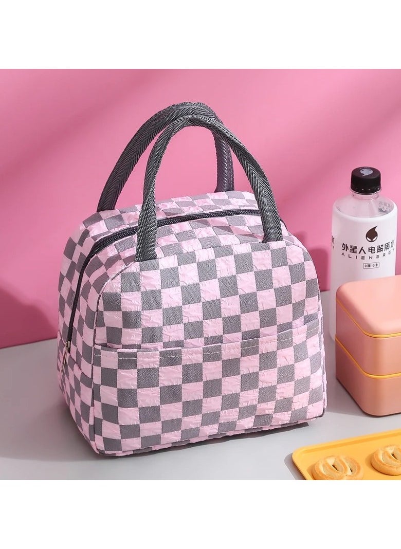 VIO Small Insulated Waterproof Lunch Bag Thermal Reusable Lunch bag For Office Work School College Travel Picnic Small Cooler Tote Bag for Men Women Boys Girls Indoor Outdoor 23 20 14CM  Checkered Pink  - Image 1