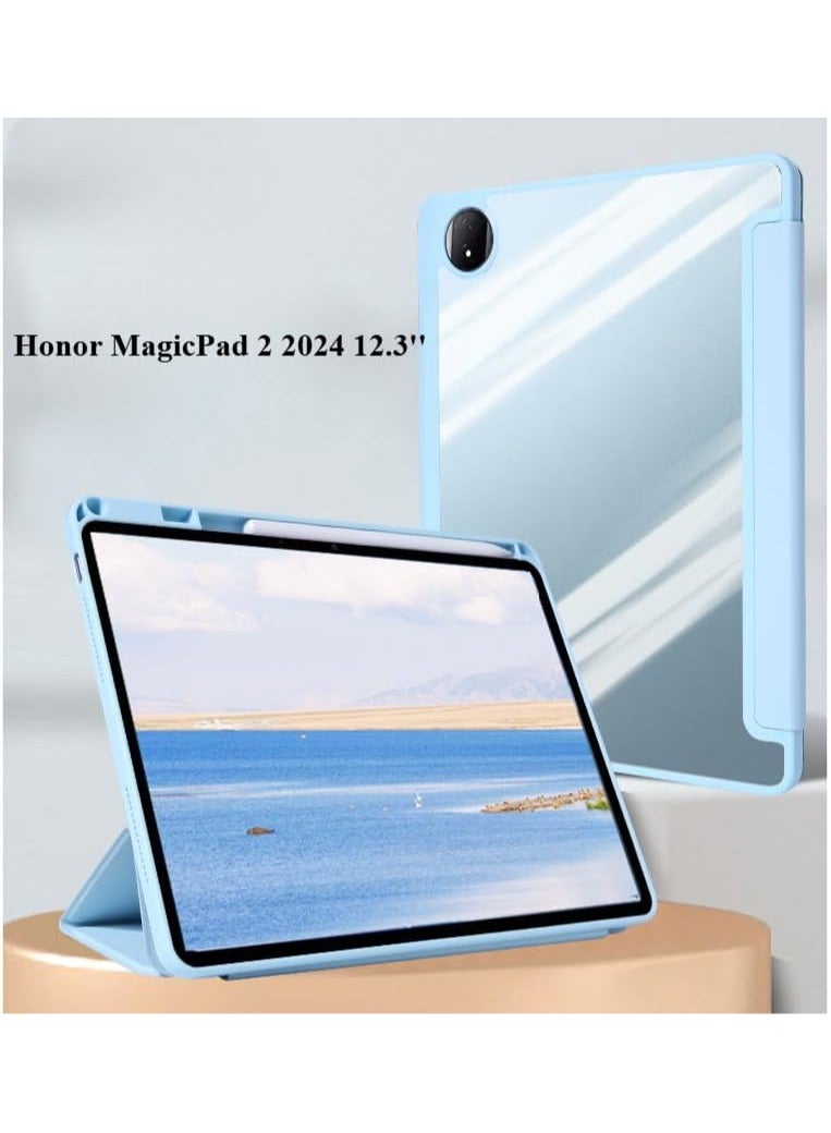 عام حقيبة متوافقة مع جهاز Honor MagicPad 2 2024 (12.3 بوصة)، غلاف واقٍ بثلاثة طيات مع حامل قلم، خلفية شفافة من الجلد الصناعي. - Image 2