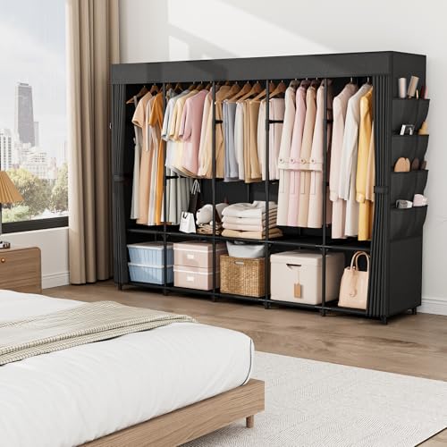 BrFoYu Portable Closet Storage, Portable Wardrobe Closet Organizer Clothes Rack wtih Cover, Hanging Rod, Storage Shelves and Side Pockets, Large Portable Closets for Hanging Clothes, Black - Image 2