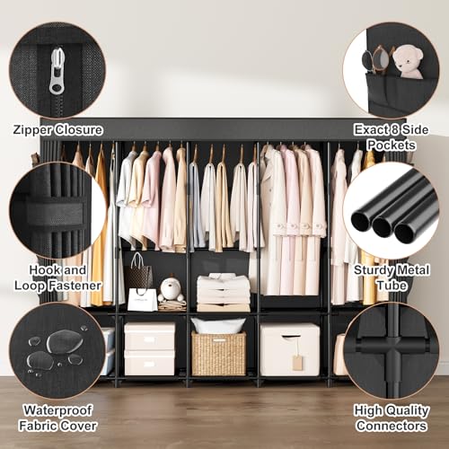 BrFoYu Portable Closet Storage, Portable Wardrobe Closet Organizer Clothes Rack wtih Cover, Hanging Rod, Storage Shelves and Side Pockets, Large Portable Closets for Hanging Clothes, Black - Image 4